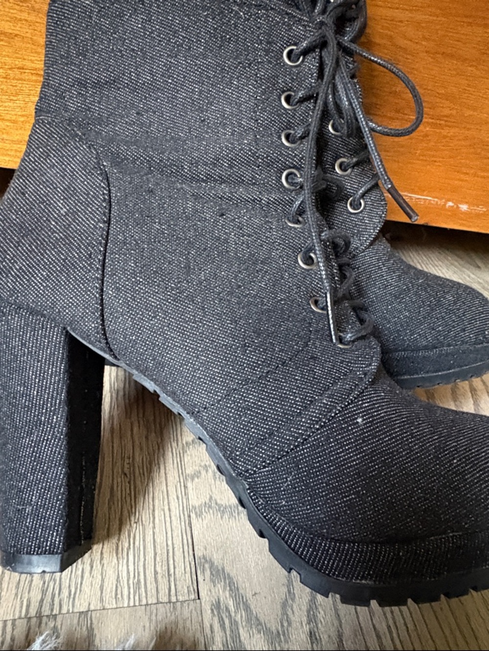 Women's Lace-Up high heel Boots in Black denim